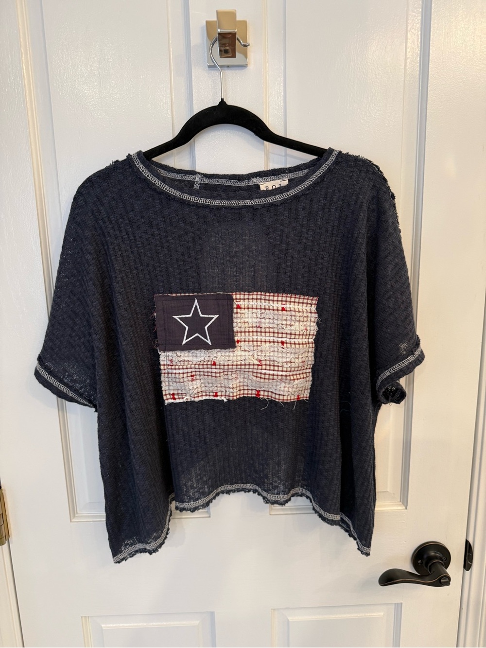 POL Navy Short-Sleeve Star Patch Crop Top